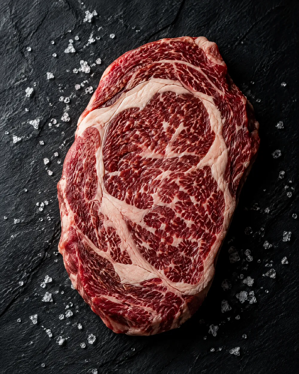 Marbled raw ribeye steak